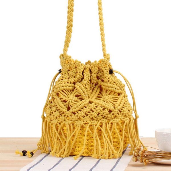 

women lady girl small straw weave drawstring shoulder crossbody bag tassel satchel woven shopping tote purse