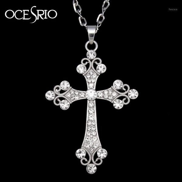 

pendant necklaces wholesale-big silver cross necklace crystal rhinestones long chain for womens hip hop fashion jewelry nke-h771