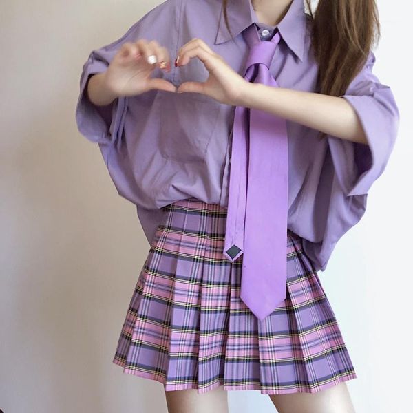 

japanese jk uniform student soft sister purple pleated skirt summer teen girls small fresh loose sweet plaid skirt college style1, Black