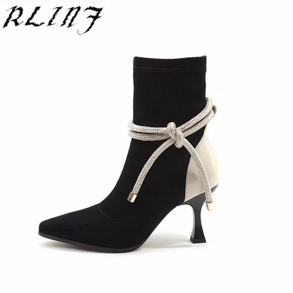 

boots rlinf fashion color matching stretch velvet strap with two rhinestone, Black