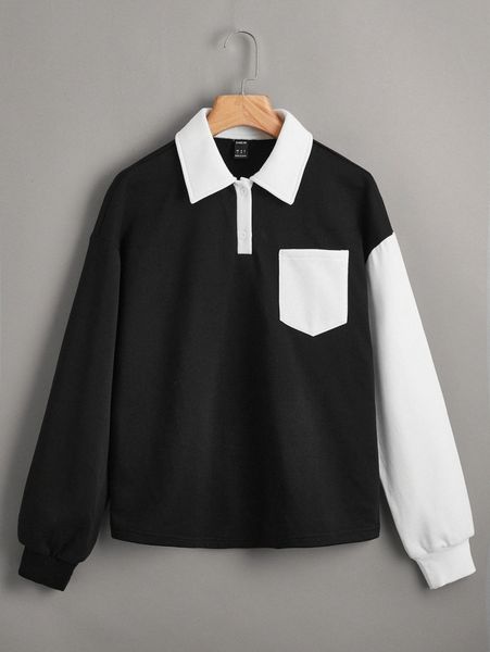 

pocket patched colorblock button half placket sweatshirt 78bz#, White;black