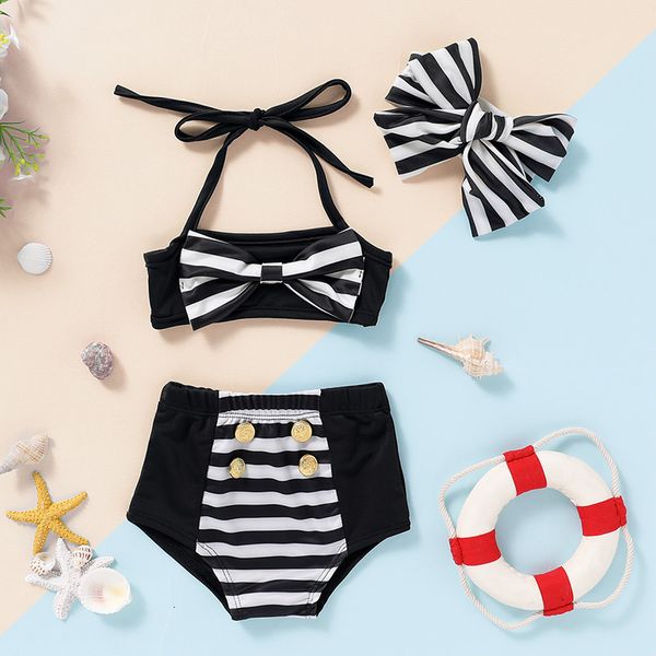 

2020 new baby girl bikini with black stripe sling split swimsuit two piece set of beach swimming products, White;black