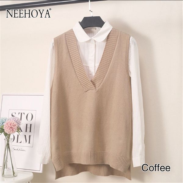

neehoya knitted vest women sweater autumn winter v neck soild sleeveless pullover loose waistcoat chic womens sweaters 2020, White;black