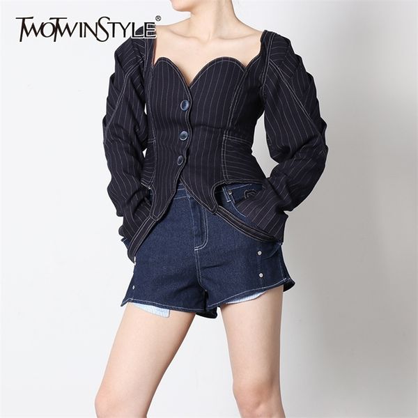 

twotwinstyle elegant denim striped women coats square collar puff long sleeve lace up irregulae hem slim jackets female fashion 201210, Black;brown