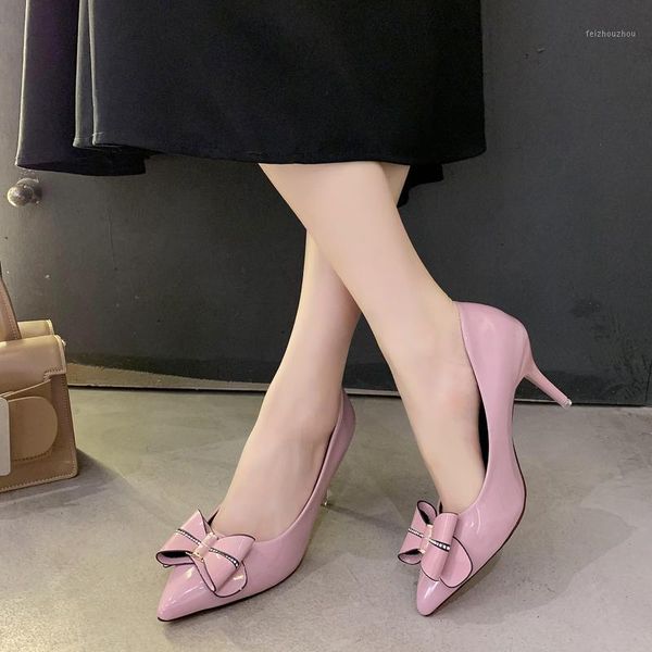 

dress shoes bow high heels women pointed toe pumps sweet patent leather stiletto heel 20211, Black