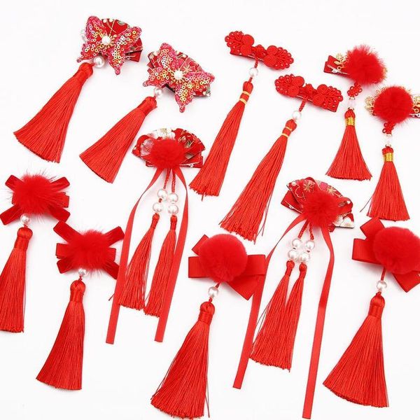 

2pcs/bag new fashion tassel cute winter hair accessories red pink bow girls woman happy new year chinese vintage h qylien, Black;brown