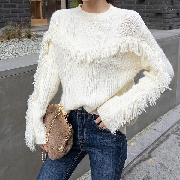 

foamlina women white red sweater new autumn winter o neck long sleeve tassels knitted pullover female loose sweater jumper1, White;black