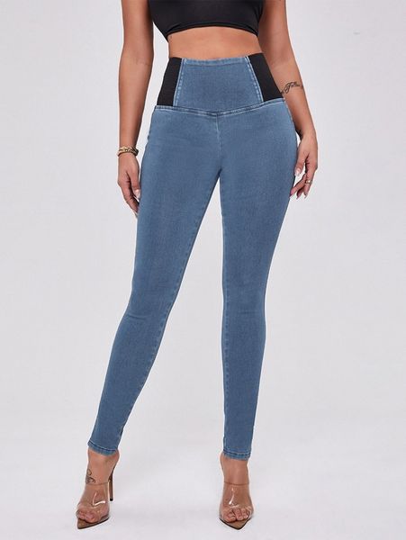 

curvy color block wide waist jeggings s8vl#, Blue