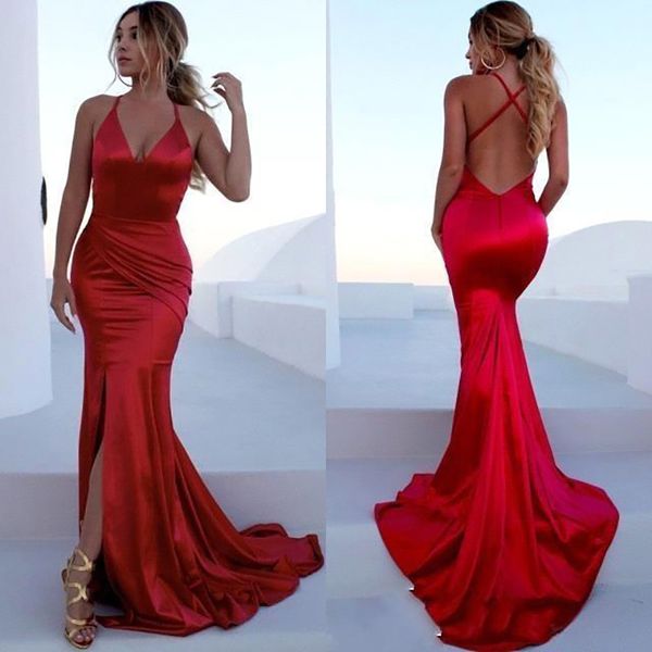 Sexy vermelho sem encosto vestidos de noite sereia cintas espaguete dividido longo partido ocasião vestidos de baile vestido