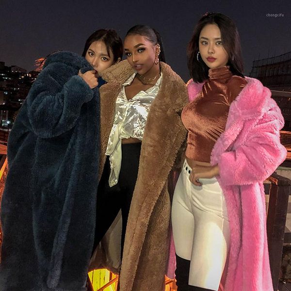 

oversize style lapel solid color hairy shaggy faux fur long coat1, Black