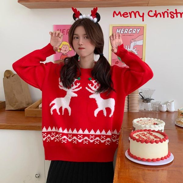 

kawaii sweater ugly christmas sweater women cute reindeer snowflake knitted pullover winter warm loose all-match thick sweaters, White;black
