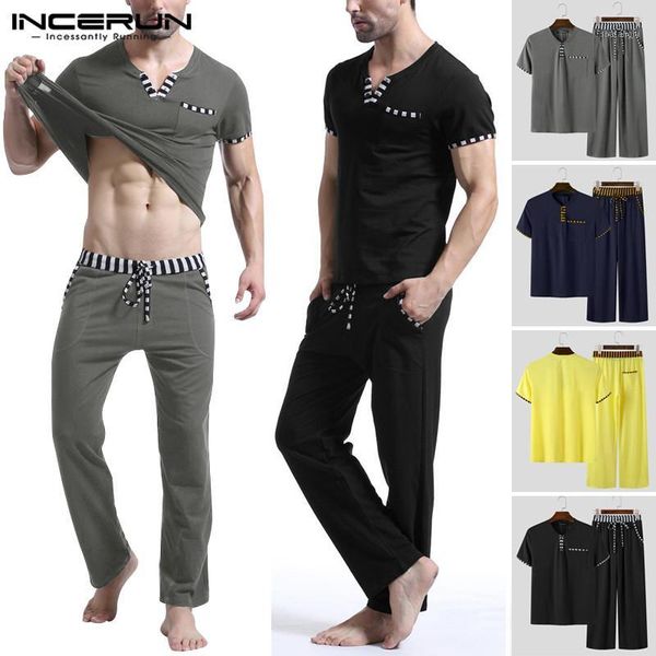 

incerun patchwork men's sets homewear short sleeve v neck t shirt pants bodybuilding workout men suit casual pajamas sets s-5xl1, Gray
