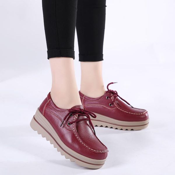 

pupuda platform leather shoes for women fashion chunky sneakers ladies 5cm lace up wedges shoes women plus size 35- 41, Black