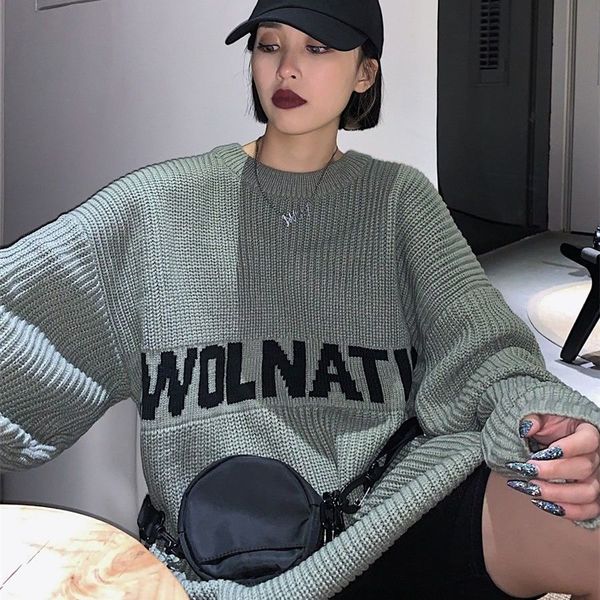

2021 new autumn/winter around the neck jacquard female student letter loose college sweater joker bf wind knitted jacket gbcn, White;black