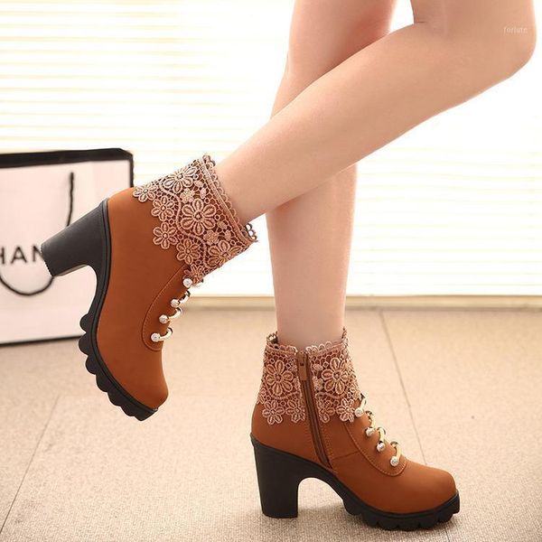 

2020 new women pu pattern ankle boots lace up chunky heel boots fashion black shoes autumn winter ladies shoes1