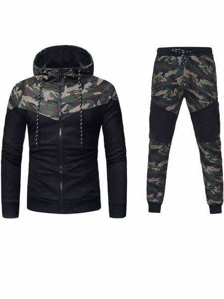 

men camo panel zip up drawstring hoodie & sweatpants 99er#, Gray