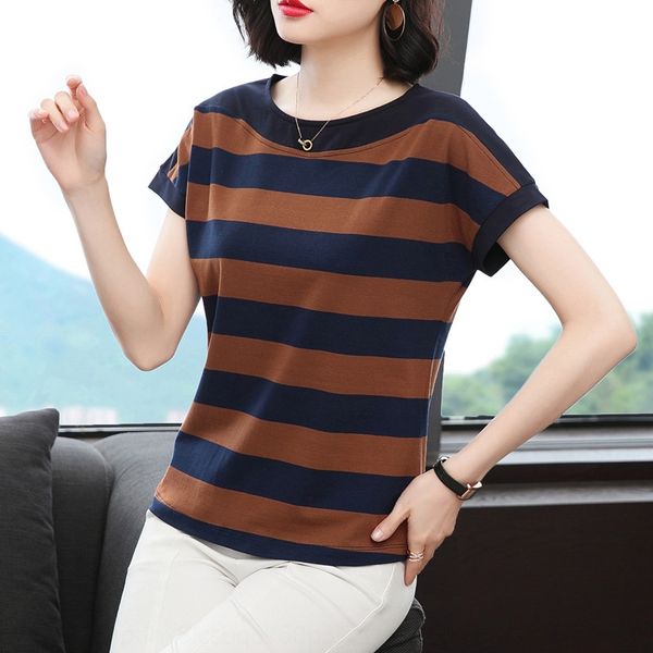 

mom's t-shirt simple short t-shirt women's dress 2020 summer new striped loose women's bat sleeve half sleeve vt5qs, White