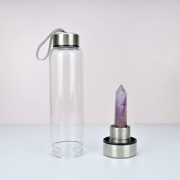 

2020 creative natural crystal quartz water bottle wand point reiki healing crystal glass healing bottle glass