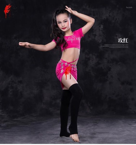 

girls dance clothes modal short sleeves short skirt 2pcs belly dance suit kids clothing s,m,l1, Black;red