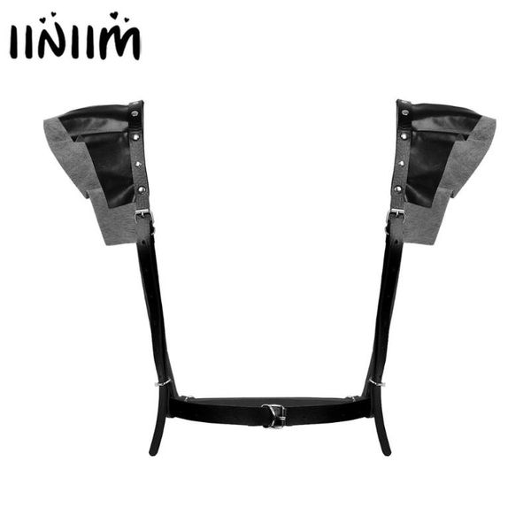 

black womens punk fashion faux leather ruffle shoulder straps harness waist belts for music festival dance party clubwear, Black;brown