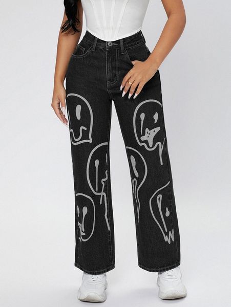 

petite cartoon graphic wide leg jeans i6jk#, Blue
