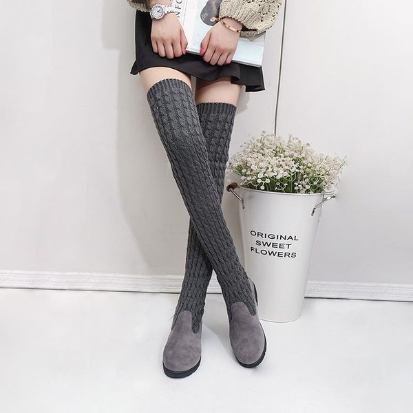 

boots slip-on round toe solid flock long for women casual over-the-knee sewing autumn winter med flat with platform shoes1, Black