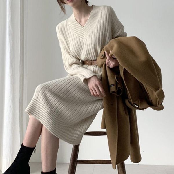 

women autumn sweater dress with v-neck long sleeve knitted chic mididress femme casual korean style winter thick knitted dress, White;black