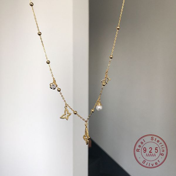925 Sterling Silber Japanische Exquisite Perle Schmetterling Anhänger Halskette Frauen Mode Vintage Party Schmuck Q0531
