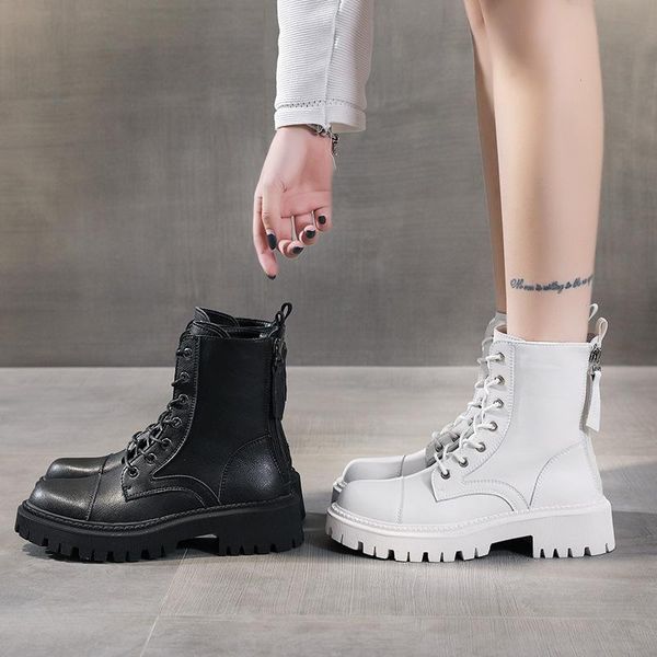 

genuine leather boot platform shoes women black white boots lace up casual shoes for woman autumn new ankle boots for women