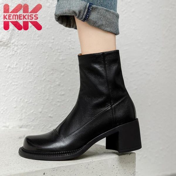 

kemekiss new women ankle boots real leather square heel zipper autumn winter women shoes fashion party footwear size 34-391, Black