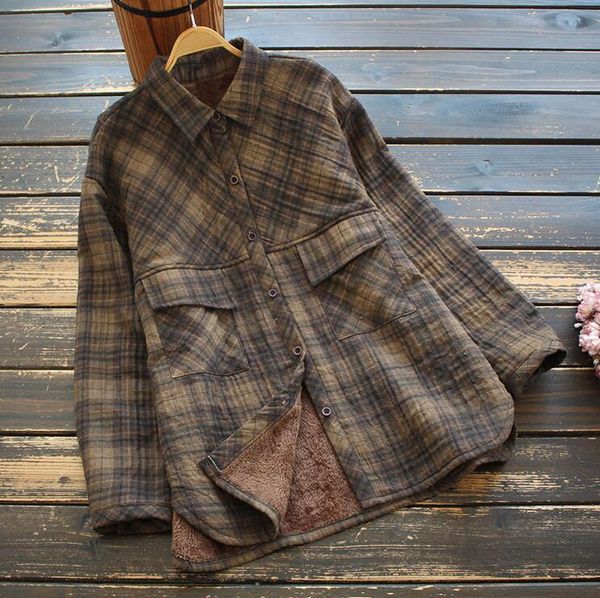 

women's blouses & shirts women fleece shirt plaid long sleeve 2021 winter loose cotton linen cardigan basic casual blouse, White