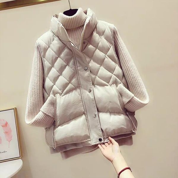 

mumuzi winter warm womens vest loose plaid down cotton wadded coats slim zipper waistcoats beige sleeveles parkas female, Black;white