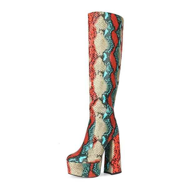 

14.5cm thick heel women leather boots waterproof high platform winter boots fashion mixed colors snake print knee-high, Black