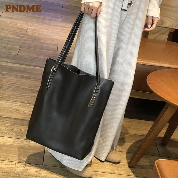 

pndme genuine leather ladies tote bag casual simple large capacity soft cowhide black handbag women's shopping bag