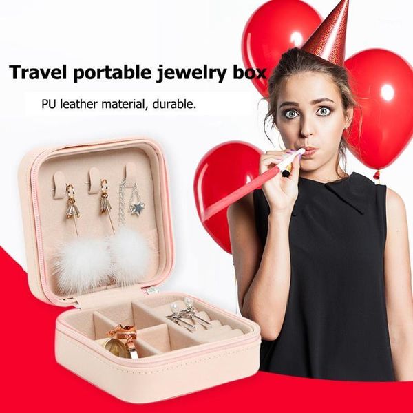 

portable stud earrings rings storage box pu leather jewelry display case travel solid color makeup bag square box1