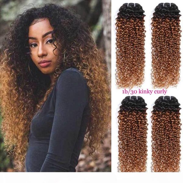 

honey blonde ombre kinky curly human hair 1 3 4 bundles deals remy brazilian hair weave bundles ombre curly human hair bundles, Black;brown