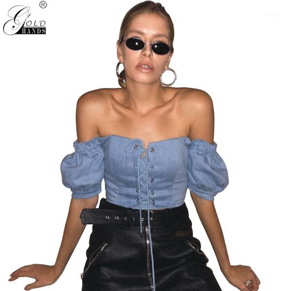

gold hands fashion denim lace up blouse puff sleeve bandage womens shirts 2019 summer slash neck blouses woman1, White