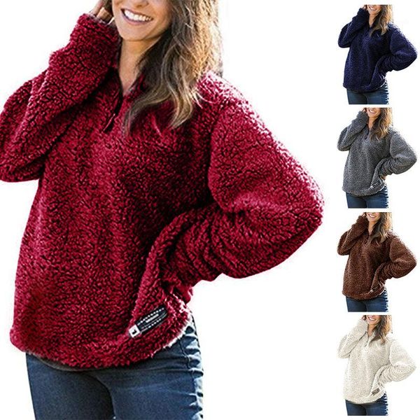 

women fleece sweatshirt winter casual faux fur female hoodies wool warm turtleneck zipper thick sherpa 1, Black