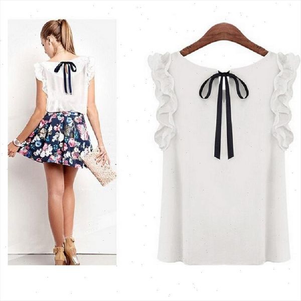 

fashion summer chiffon blouse women o neck lotus leaf ruffles sleeveless blouses casual shirts solid back bowknot, White