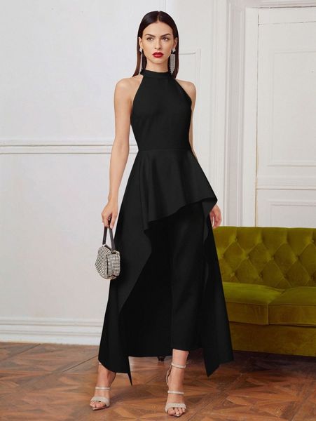 

zipper back solid halter jumpsuit with skirt 77ea#, White