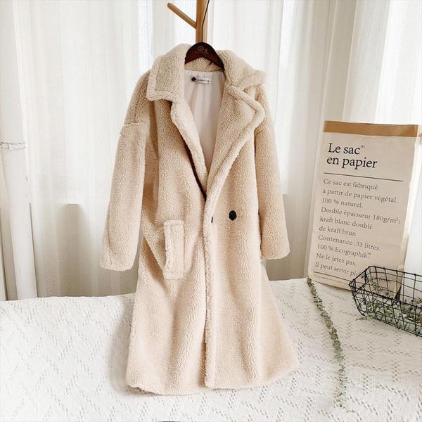 

women teddy bear jacket faux fur coat winter loose solid medium long windbreaker lamb coat casaco inverno feminino 2b16, Black