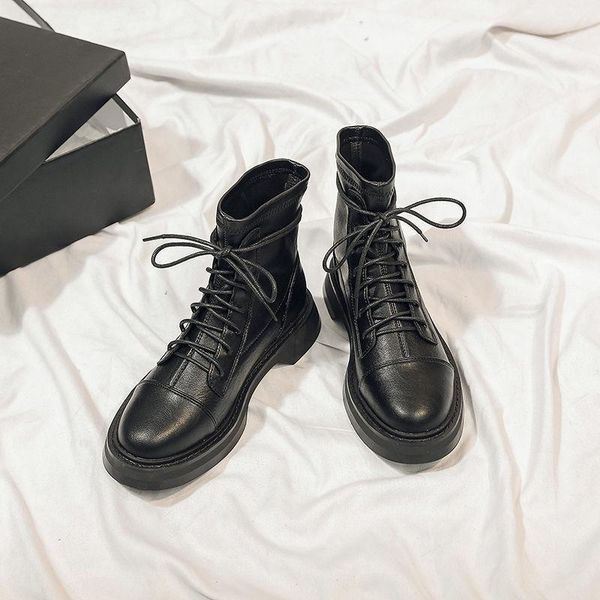 

solid black 2020 fashion women ankle boots pu leather lace up women riding motorcycle boots autumn winter casual shoes