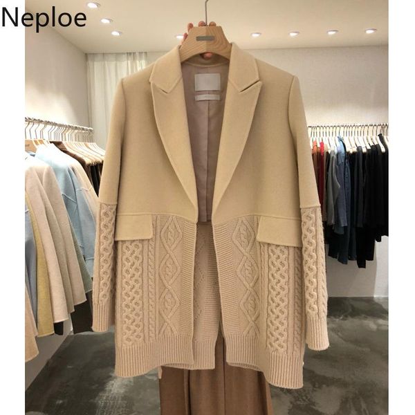 Giacche da donna Neploe Autunno 2021 Abbigliamento donna Giacca da abito di lana chic Cappotto coreano patchwork in maglia Temperamento con lacci Blazer midi Top Muj