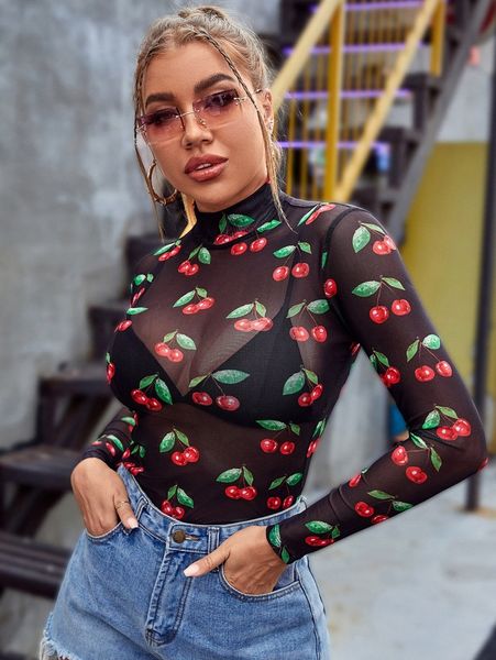 

fruit print mock neck sheer mesh c6yh#, White