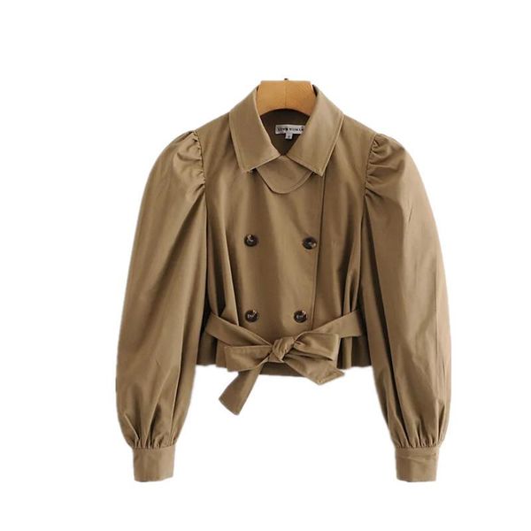 

women jacket 2020 new fashion double breasted cropped blouses vintage puff sleeve with bow tied female shirts chic, Black;brown
