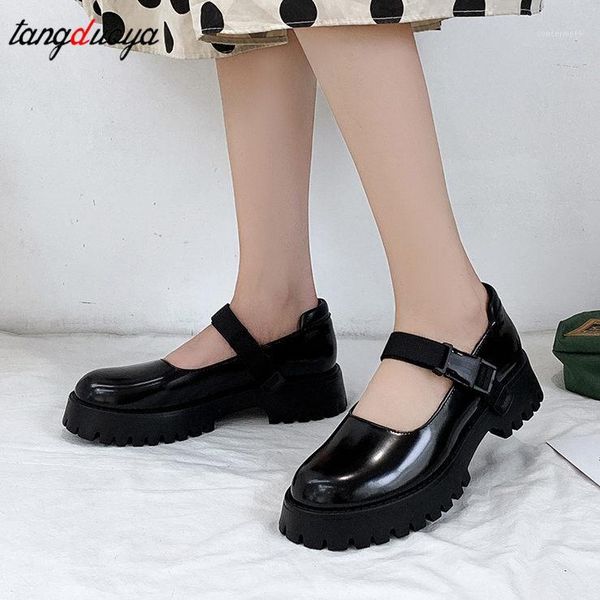 

dress shoes harajuku lolita lady jk uniform round head thick high heel muffin sole single mary jane low heel1, Black