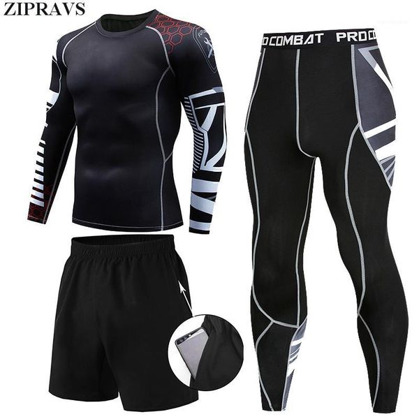 

zipravs 3 pieces / set men's sportswear gym fitness compression clothes running jogging sportswear workout fitness tights1, Gray