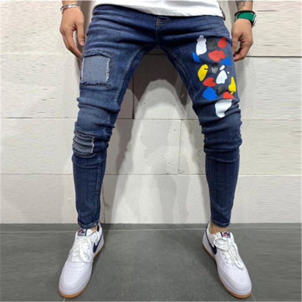 

skinny jeans fashion trend elasticity hole denim pencil pants clothing spring male washed patch spots casual slim trousers mens solid color, Blue