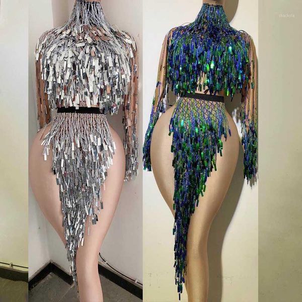 

shiny fringes bodysuit for female singers clothing rumba dress long sleeve jumpsuit gogo dancer dj outfit nightclub costume1, Black;red
