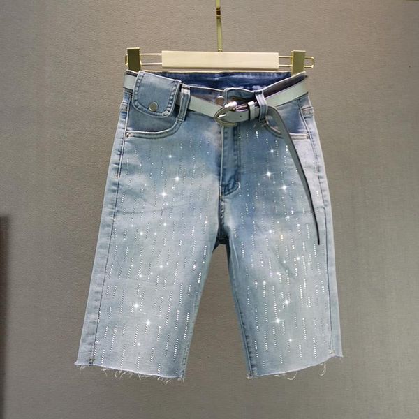 

knee-length denim women jeans summer new high waist pocket straight shine rhinestone jeans for party quality, Blue